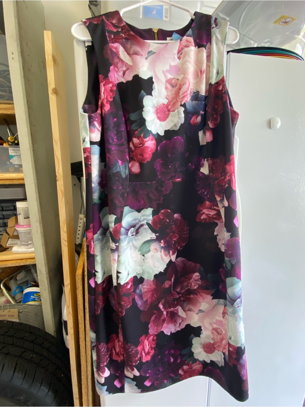Calvin Klein Black Midi Dress with Pink and Burgundy Floral Print